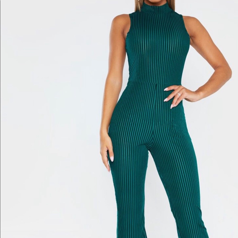 Emerald Green High Neck Striped Velvet Jumpsuit